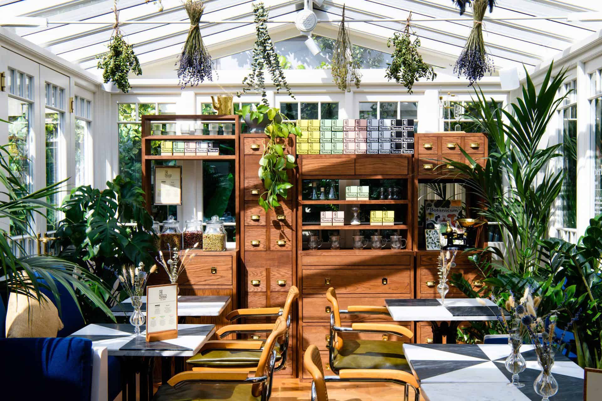 Apothecary style tea room in a glass conservatory with herbs hanging from the ceiling.